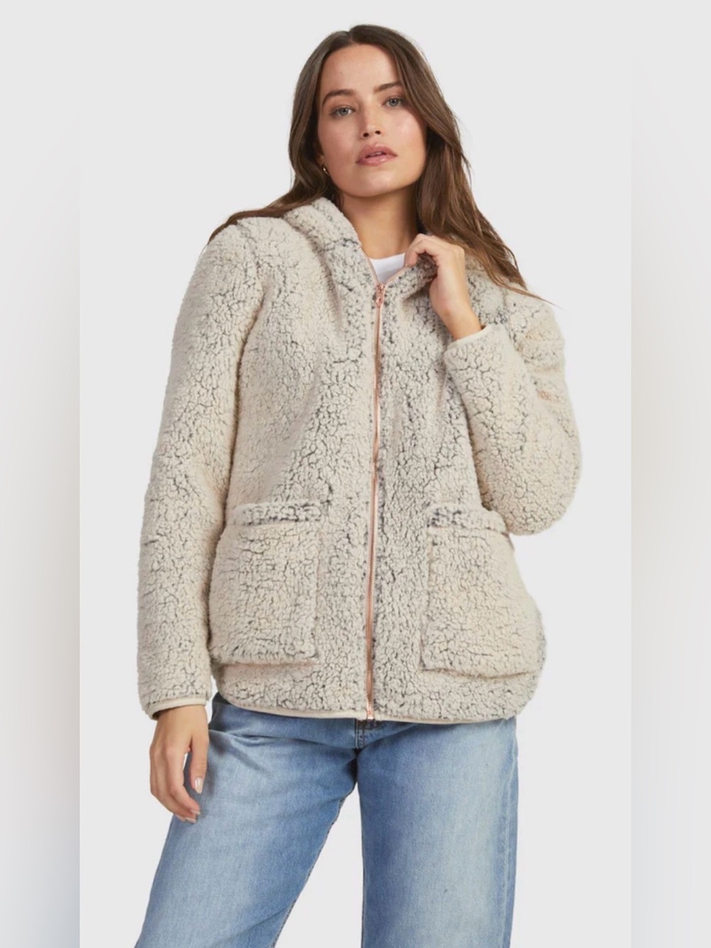 VOLCOM Lived In Lounge Lil Phuz Up Sherpa Zip Hoodie Jacket Sand Beige Cream